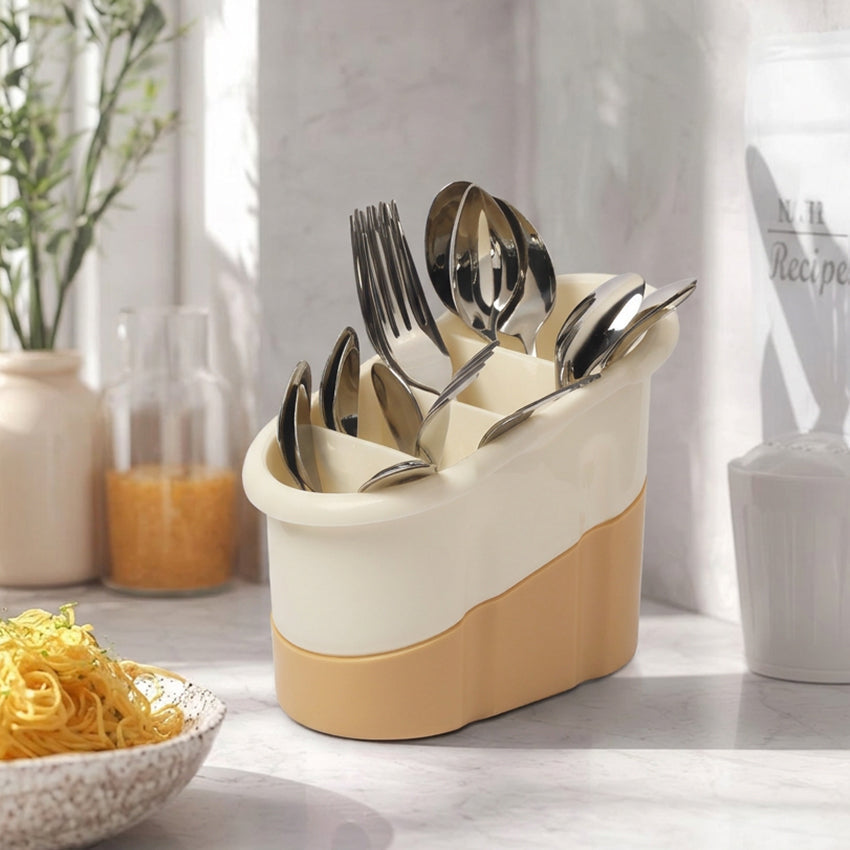 Cutlery Stand - Beige & Wood Style (Multi-Compartment)