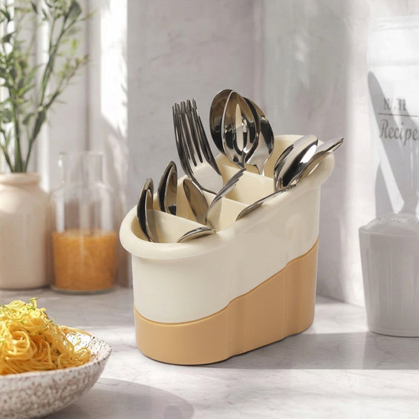 Cutlery Stand - Beige & Wood Style (Multi-Compartment)
