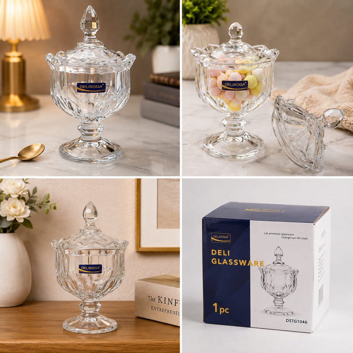 Delisoga Crystal Glass Candy Jar with Lid – Premium Glassware