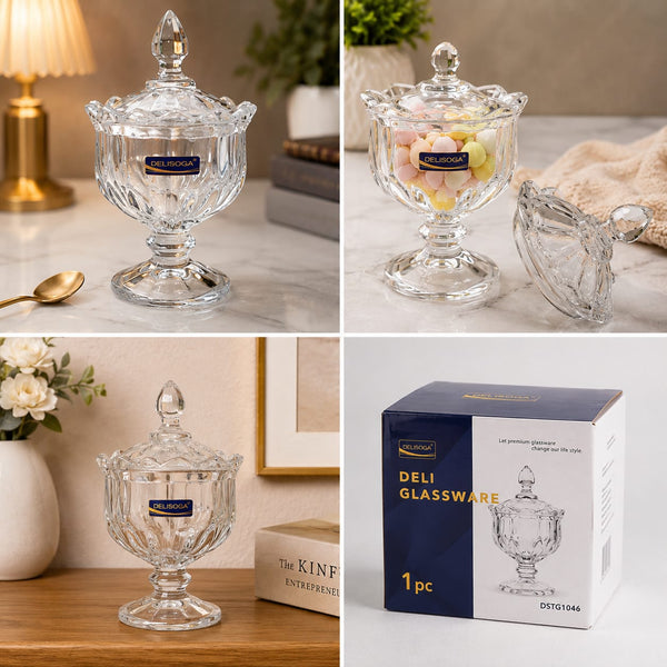Delisoga Crystal Glass Candy Jar with Lid – Premium Glassware