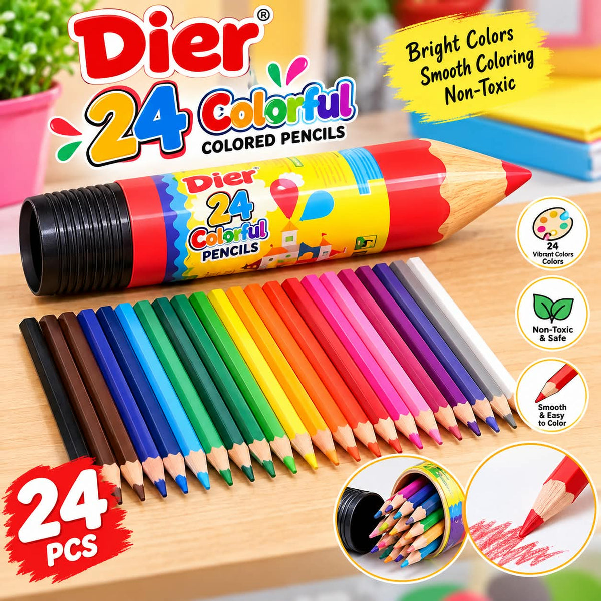 Dier 24 Colorful Colored Pencils Set – Non-Toxic, Bright & Smooth