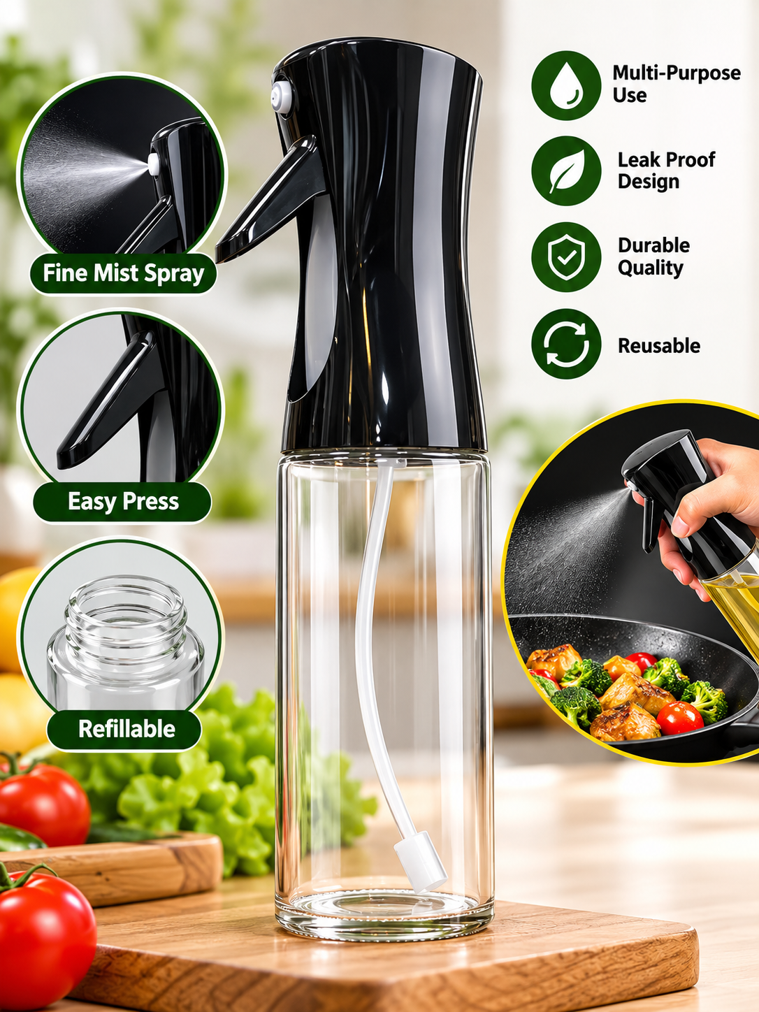 Oil Spray Bottle – Fine Mist Refillable Cooking Sprayer