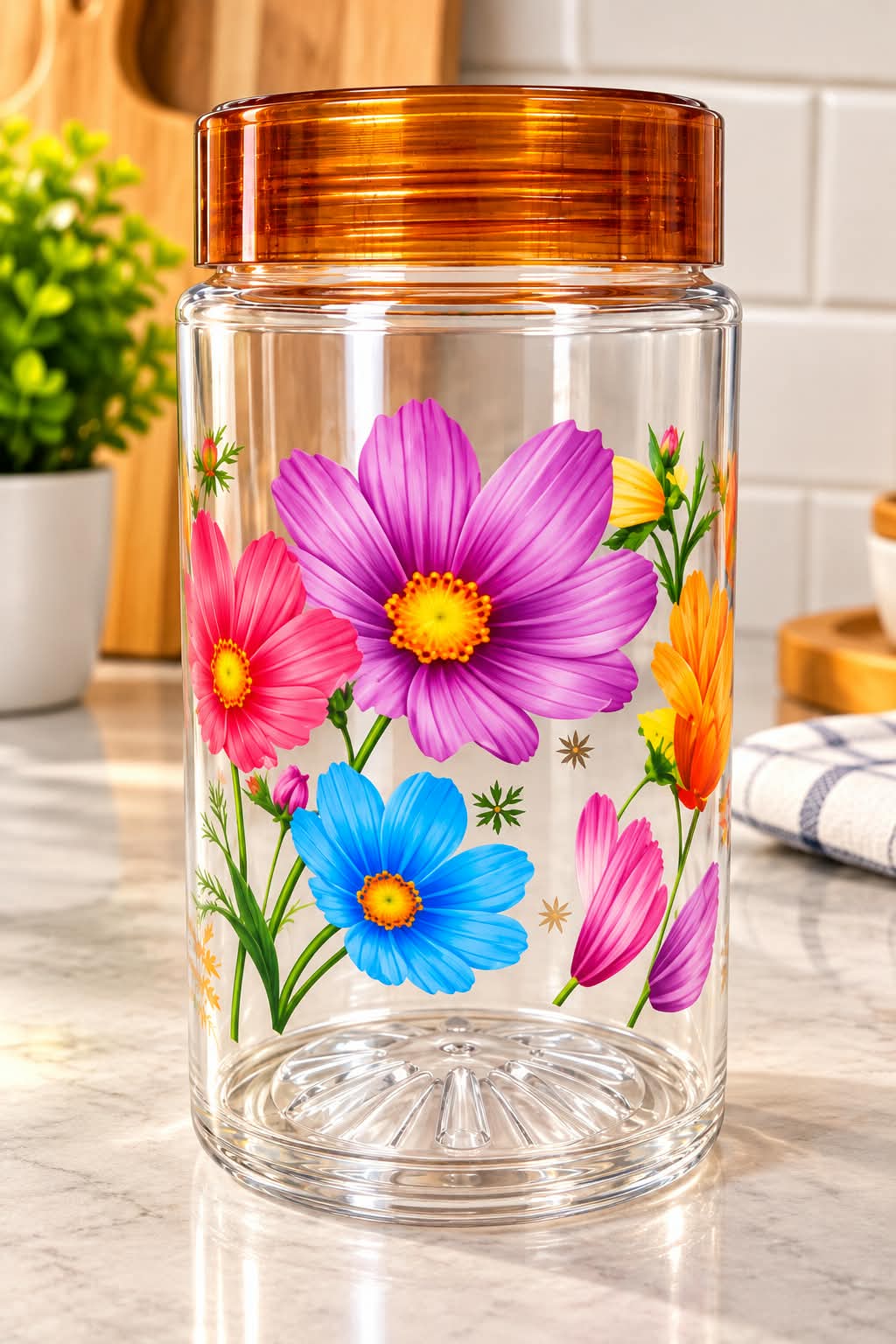 Transparent floral print storage jar with amber-coloured lid