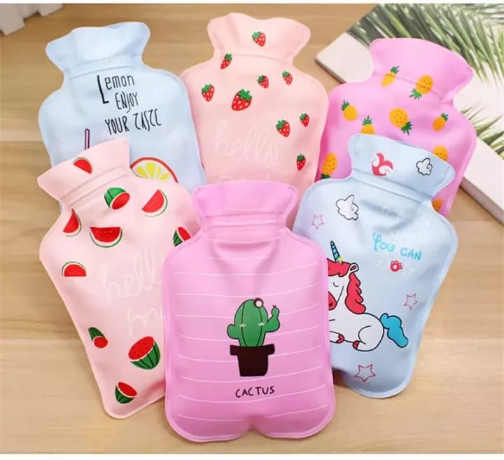 Assorted printed hot water bottles in fruit, cactus and unicorn designs