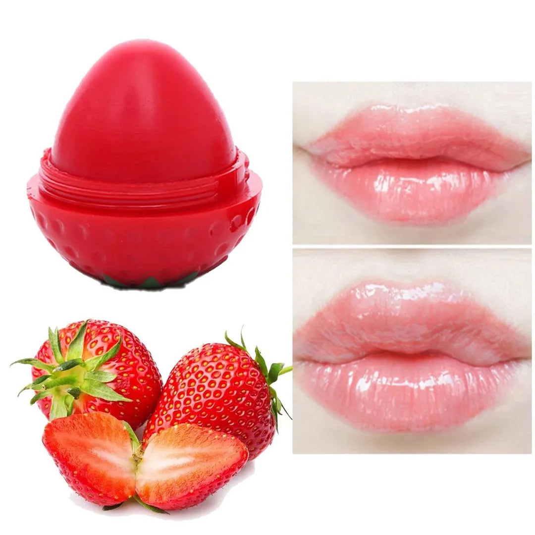 Red strawberry lip balm with strawberry fruit and lip application examples