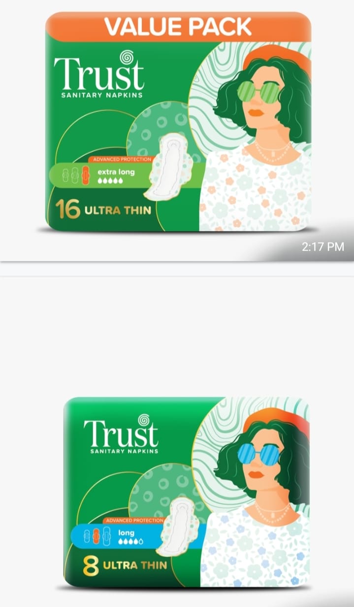 Trust sanitary napkins value pack showing 16 ultra-thin extra-long and 8 ultra-thin long options