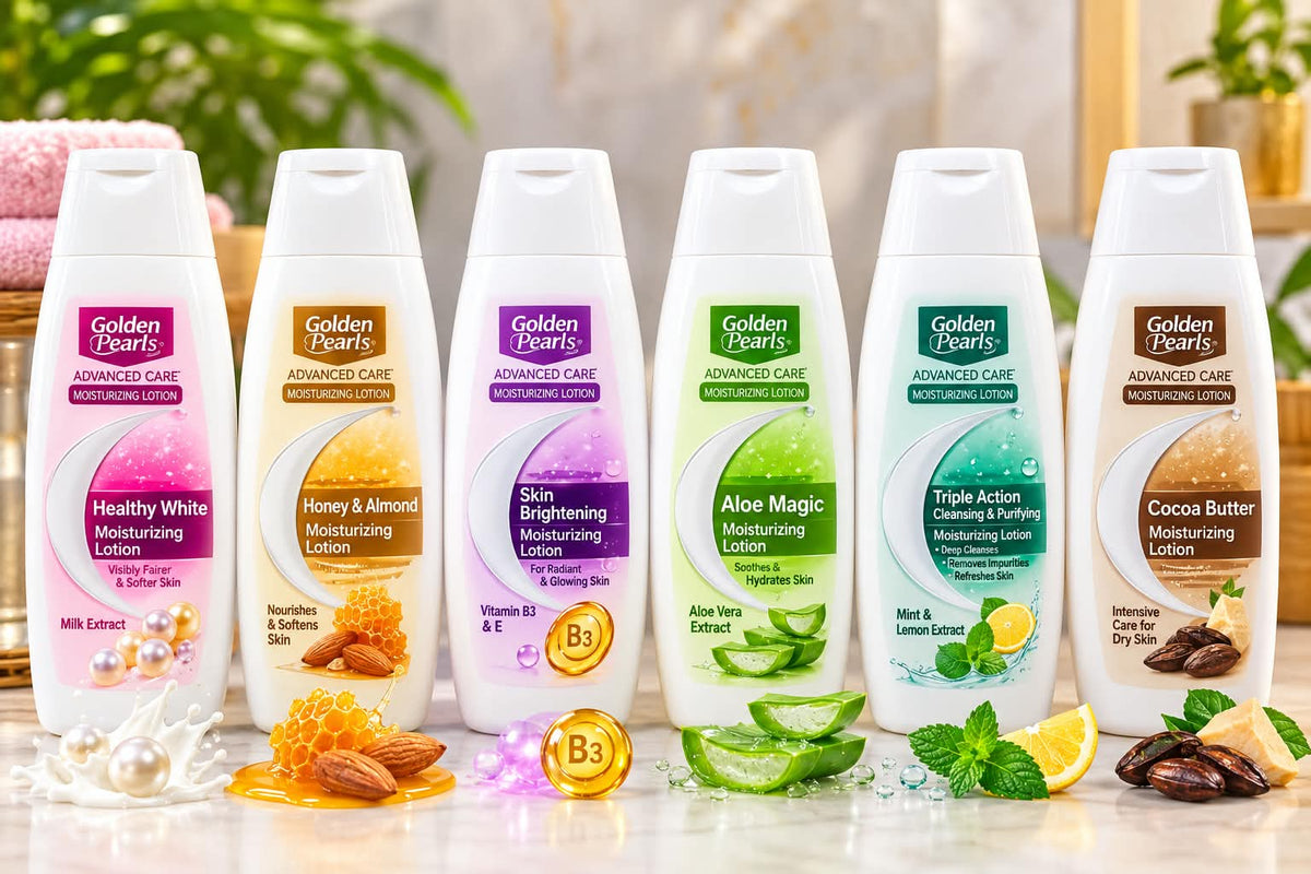 Six Golden Pearls Advanced Care moisturizing lotion formulas including Healthy White, Honey and Almond, Skin Brightening, Aloe Magic, Triple Action, and Cocoa Butter