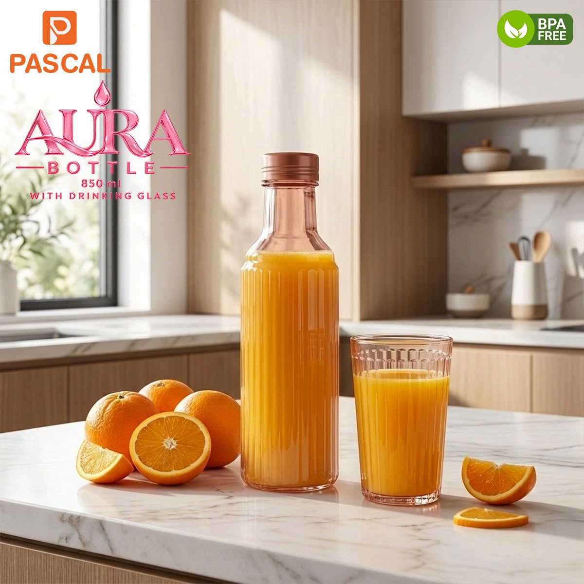 Pascal Aura Bottle 850ml with Drinking Glass – BPA Free