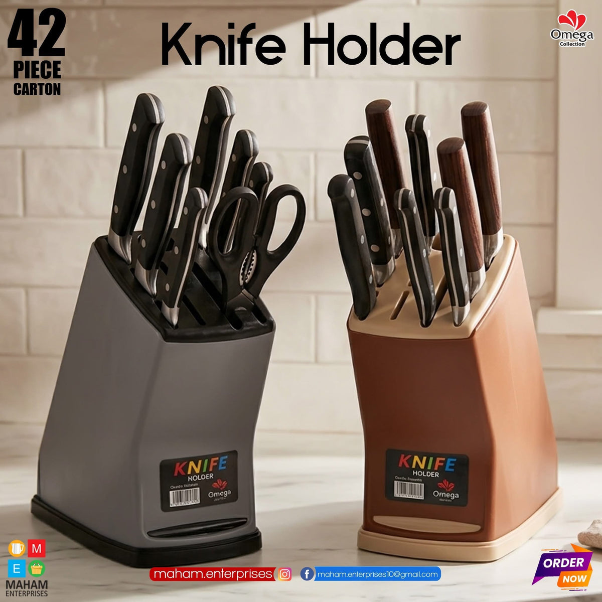Grey and brown knife holder blocks with knives and utensils pictured