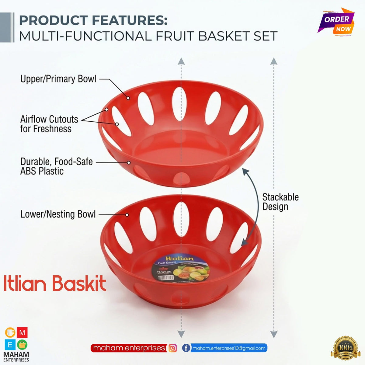 Diagram of red two-piece nesting fruit basket with airflow cutouts