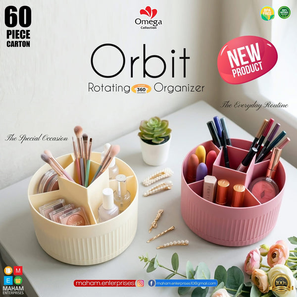 Cream and pink round Orbit rotating organizers holding makeup brushes and cosmetics