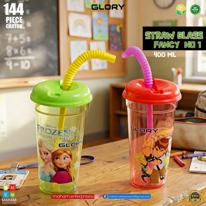 Pink printed Glory straw cup with red lid and flexible pink straw