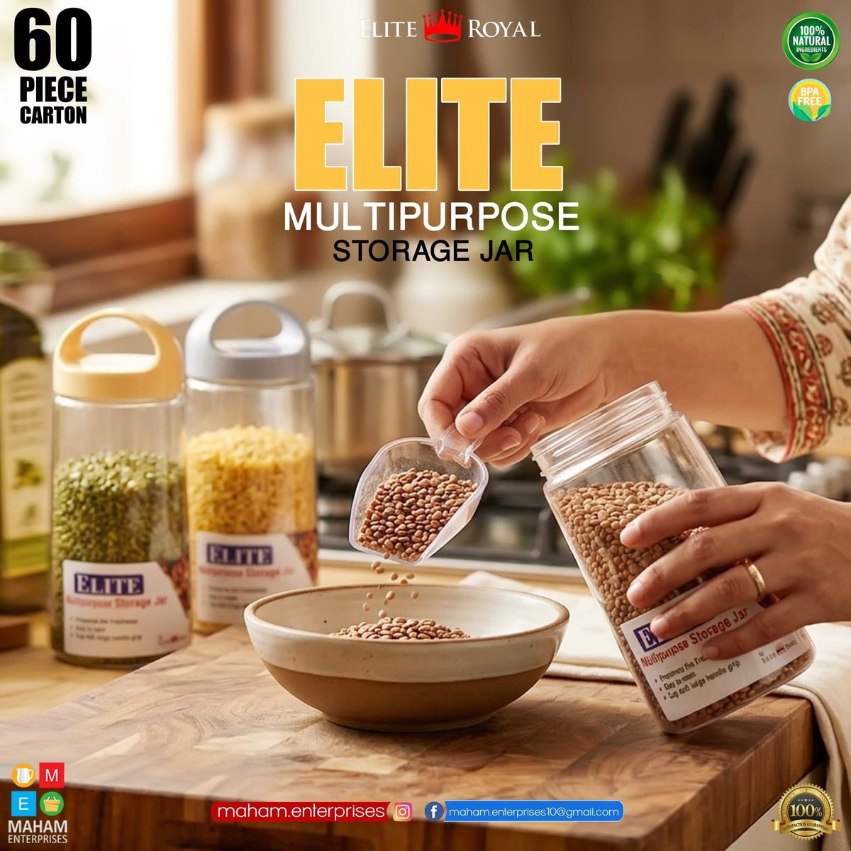 Elite Royal storage jars used to hold dry pantry foods in a kitchen