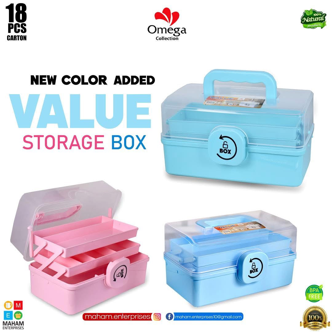 Blue and pink Omega Value Storage Boxes shown open and closed