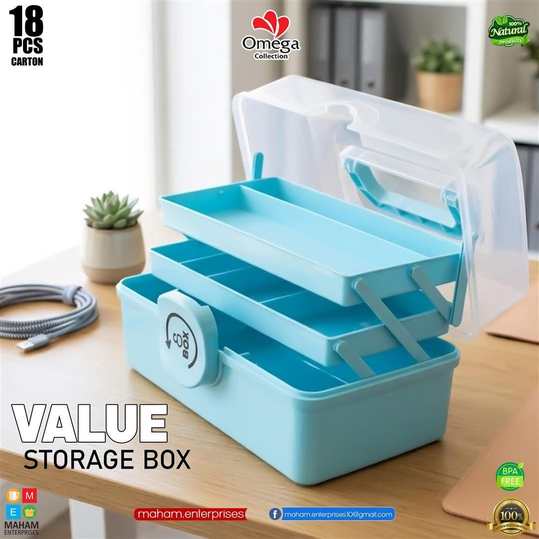 Open blue Omega Value Storage Box showing tiered trays and base compartment