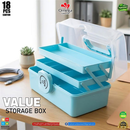 Open blue Omega Value Storage Box showing tiered trays and base compartment