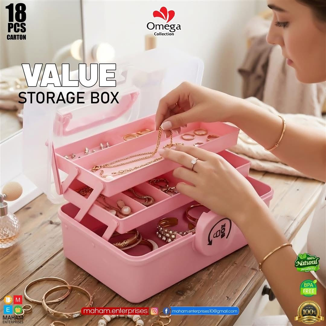 Pink tiered Omega Value Storage Box holding jewellery