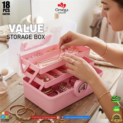 Pink tiered Omega Value Storage Box holding jewellery