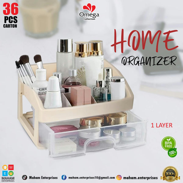 Blue one-layer home organizer with divided compartments and clear drawer, holding stationery