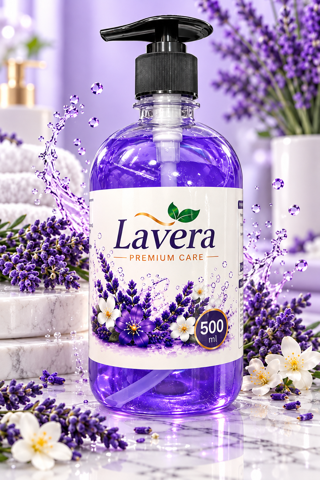 Lavera Premium Care lavender-themed purple 500 ml pump bottle