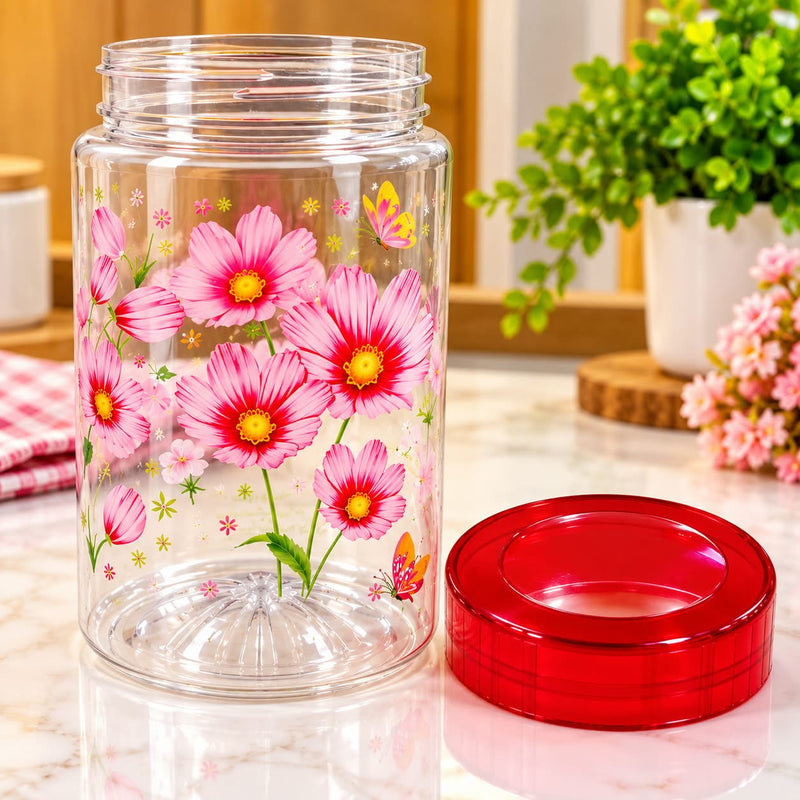 Floral Print Storage Jar with Red Lid