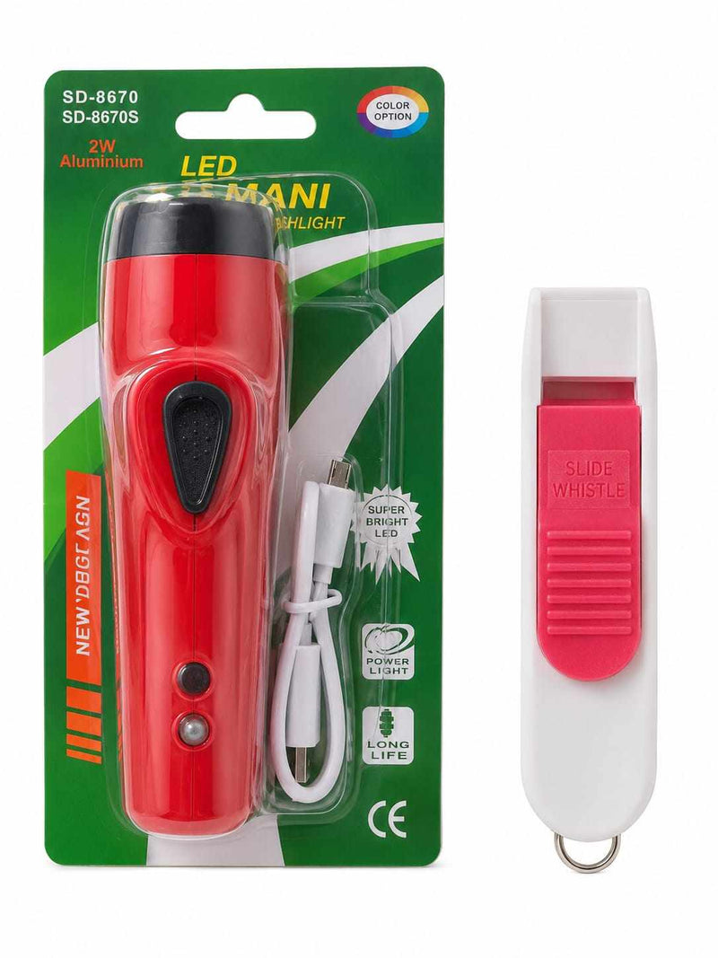 LED Mini Flashlight with USB Charging & Slide Whistle – 2W Aluminium (SD-8670)