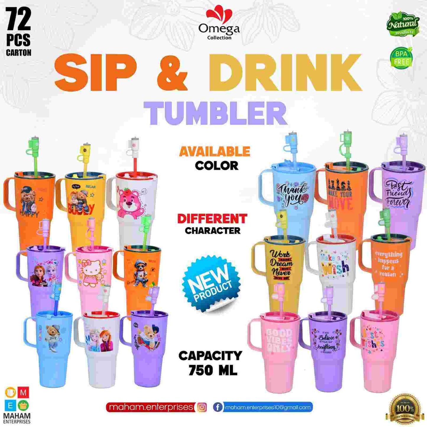 Sip & Drink Tumbler 750ml – BPA Free | Omega Collection (Multiple Colors & Characters)