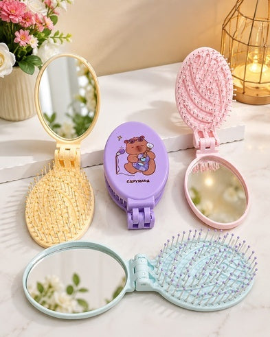 Capybara Foldable Hair Brush with Mirror – Cute Portable Detangling Comb (4 Colors)