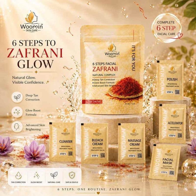 Woomin 6 Steps Facial Zafrani Natural Complex - Complete Trial Sachet Kit | All Skin Types