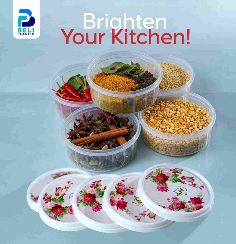 Beli Plastic Round Food Storage Containers – Set of 5 with Floral Lids
