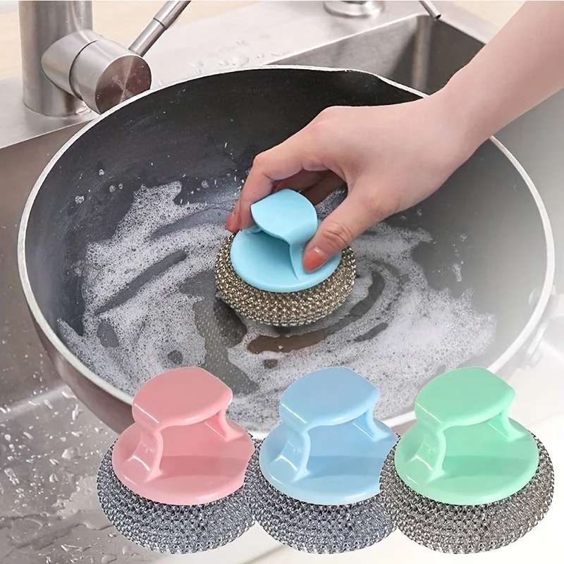 Steel Wire Scrubber with Handle – Pack of 3 (Pink, Blue, Green)