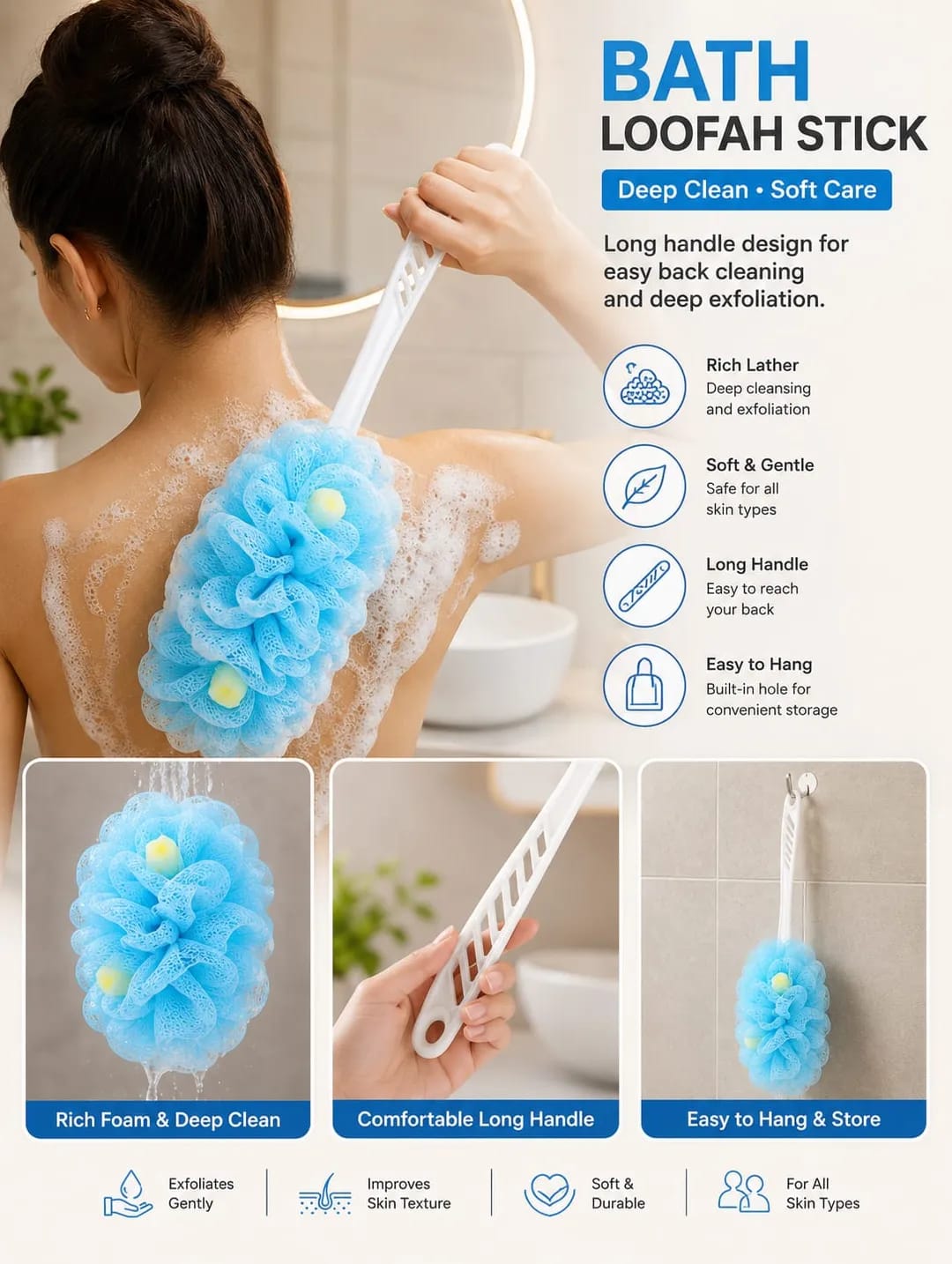 Long-Handle Bath Loofah Back Scrubber