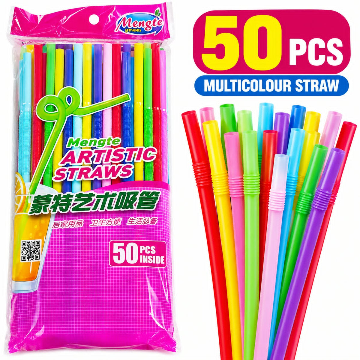 Mengte Multicolour Flexible Drinking Straws – 50 Pieces